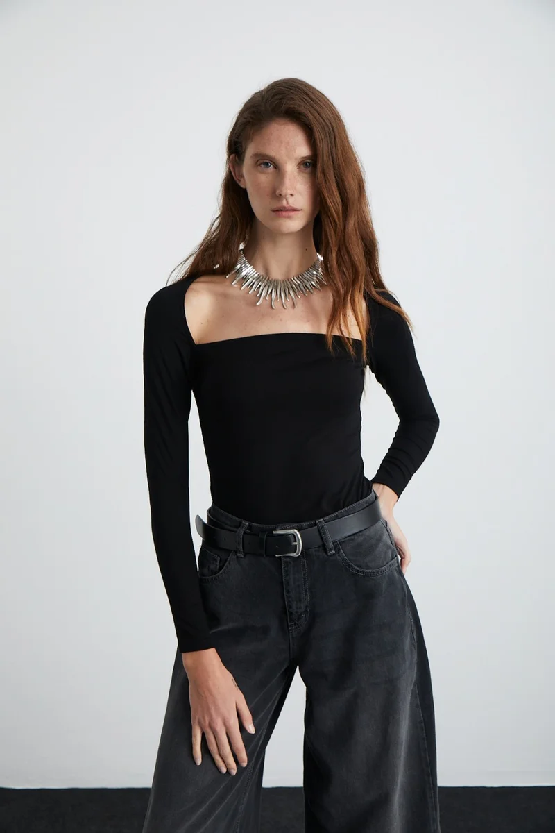 GRIMELANGE Hillary Women's Viscose Blend Square Collar Slim Fit Black Blouse