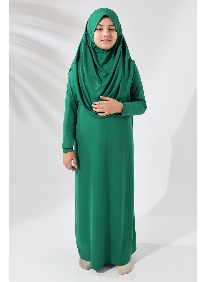 İhvan Online - ثوب صلاة عملي للأطفال من قطعة واحدة مع غطاء رأس من İhvan Online باللون الأخضر - Image 1