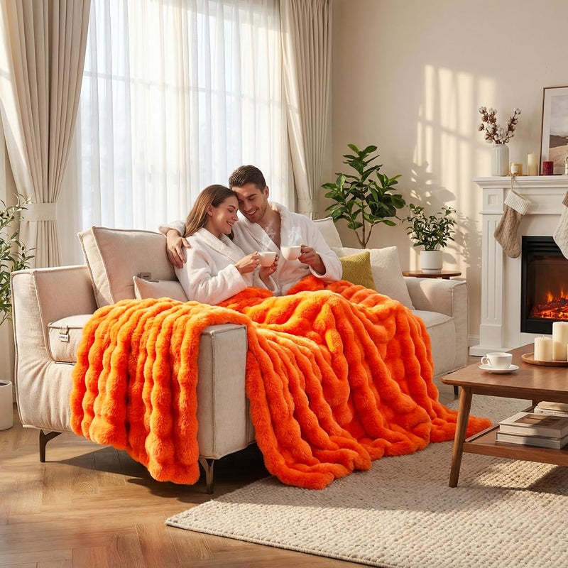 DREAMNINE بطانية فرو أرنب صناعي ناعمة للأريكة، بطانية فرو سميكة مريحة زخرفية دافئة للأريكة والكرسي وغرفة النوم وغرفة المعيشة والسكن هدية، 50 × 60 بوصة، برتقالي - Image 5