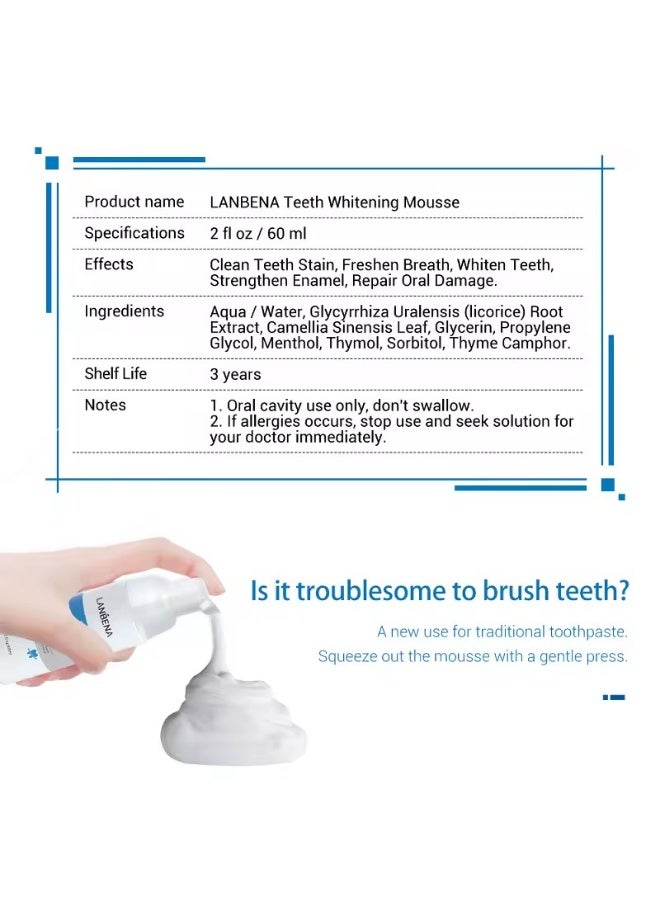 LANBENA 60ml Teeth Whitening  Mousse Remove Yellow Plaque Smoke Stains Oral Hygiene Toothpaste Teeth Cleaning Fresh Breath Tool - Image 2
