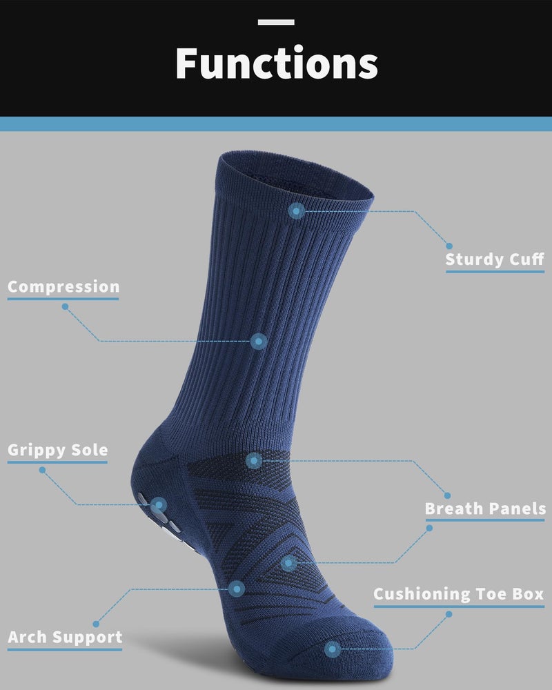 CWVLC Grip Socks Soccer - Cushioned Non-Slip Grippy for Men & Women Athletic - Barre Hospital Sticky Slipper Socks, Large, Navy Blue, 2 Pairs - Image 4