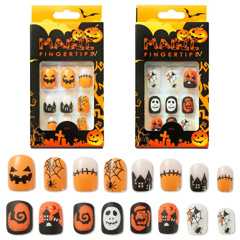 TailaiMei TailaiMei 48Pcs Halloween Press on Nails Short Fake Nails with SelfAdhesive Jelly Nail Glue Tabs SpiderWeb Artificial Nails Acrylic Full Cover Nail False Fingernails for Women Haunted House