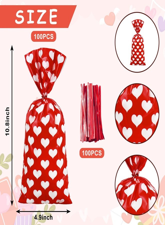 وولاين مجموعة Whaline من 100 كيس سيلوفان لعيد الحب مع أربطة ملتوية، أكياس بلاستيكية للحلويات، أكياس حلوى على شكل قلب باللونين الأحمر والأبيض، مناسبة لأعياد الميلاد وحفلات الزفاف وتغليف الوجبات الخفيفة والبسكويت. - Image 2