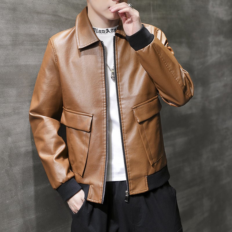 Leather Jacket Men'S Lapel Youth Jacket Casual Puple Leather Jacket Business Casual Multi-Pocket Jacket Trendy Plus Size Top - Image 1