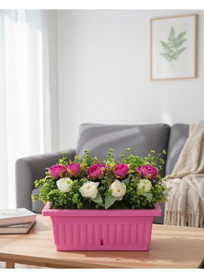 Artificial flower pot with a bouquet of roses and green leaves, a plastic pot for home decor, available in multiple colors.