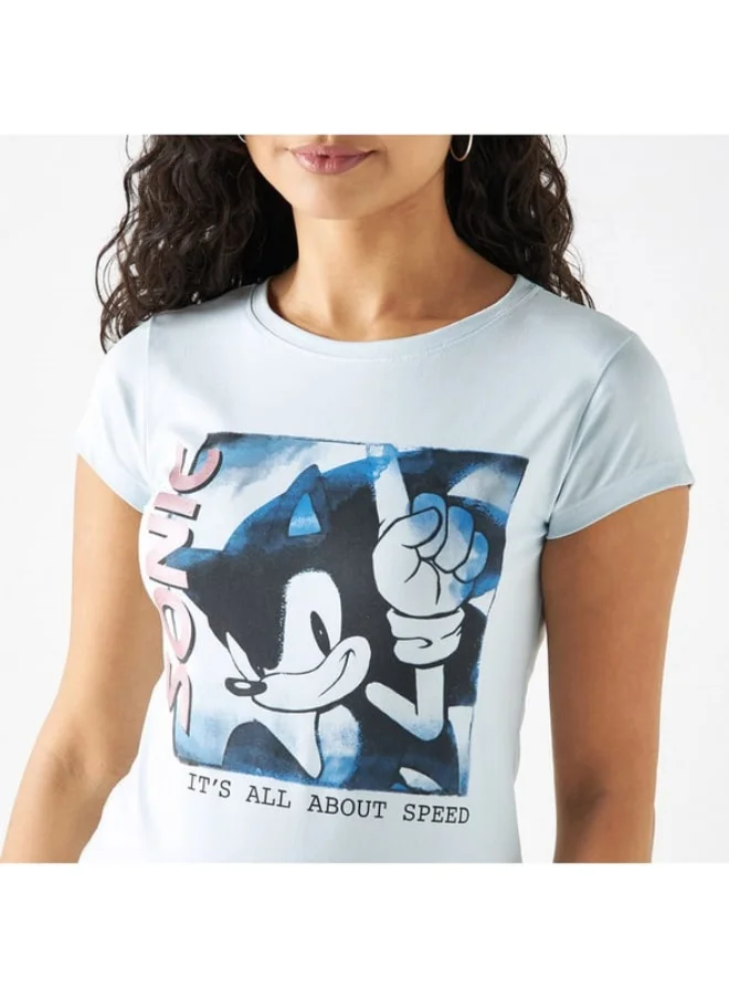 SP Characters Sonic the Hedgehog Print Crew Neck T-shirt with Cap Sleeves