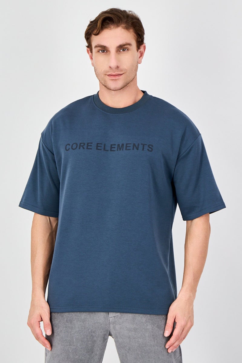 Core Elements Men Crew Neck Short Sleeve Brand Logo T-Shirt, Petrol Blue - Image 1