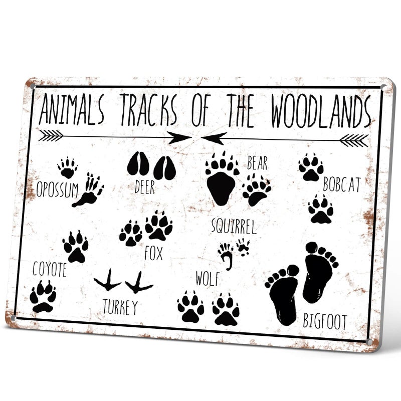 HYBLOM Animal Tracks of Woodland Nursery Sign, Log Cabin Decor, Forest Hunting Decor, Wildlife Wall Art for Boys Room, Vintage Tin Signs for Lodge Bathroom 12x8 Inch - Image 1