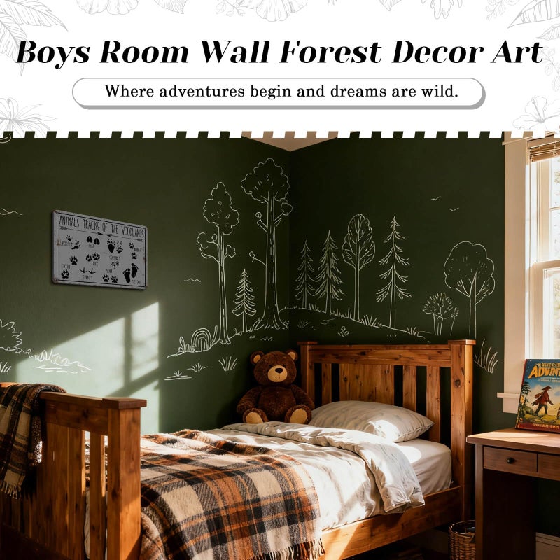 HYBLOM Animal Tracks of Woodland Nursery Sign, Log Cabin Decor, Forest Hunting Decor, Wildlife Wall Art for Boys Room, Vintage Tin Signs for Lodge Bathroom 12x8 Inch - Image 5