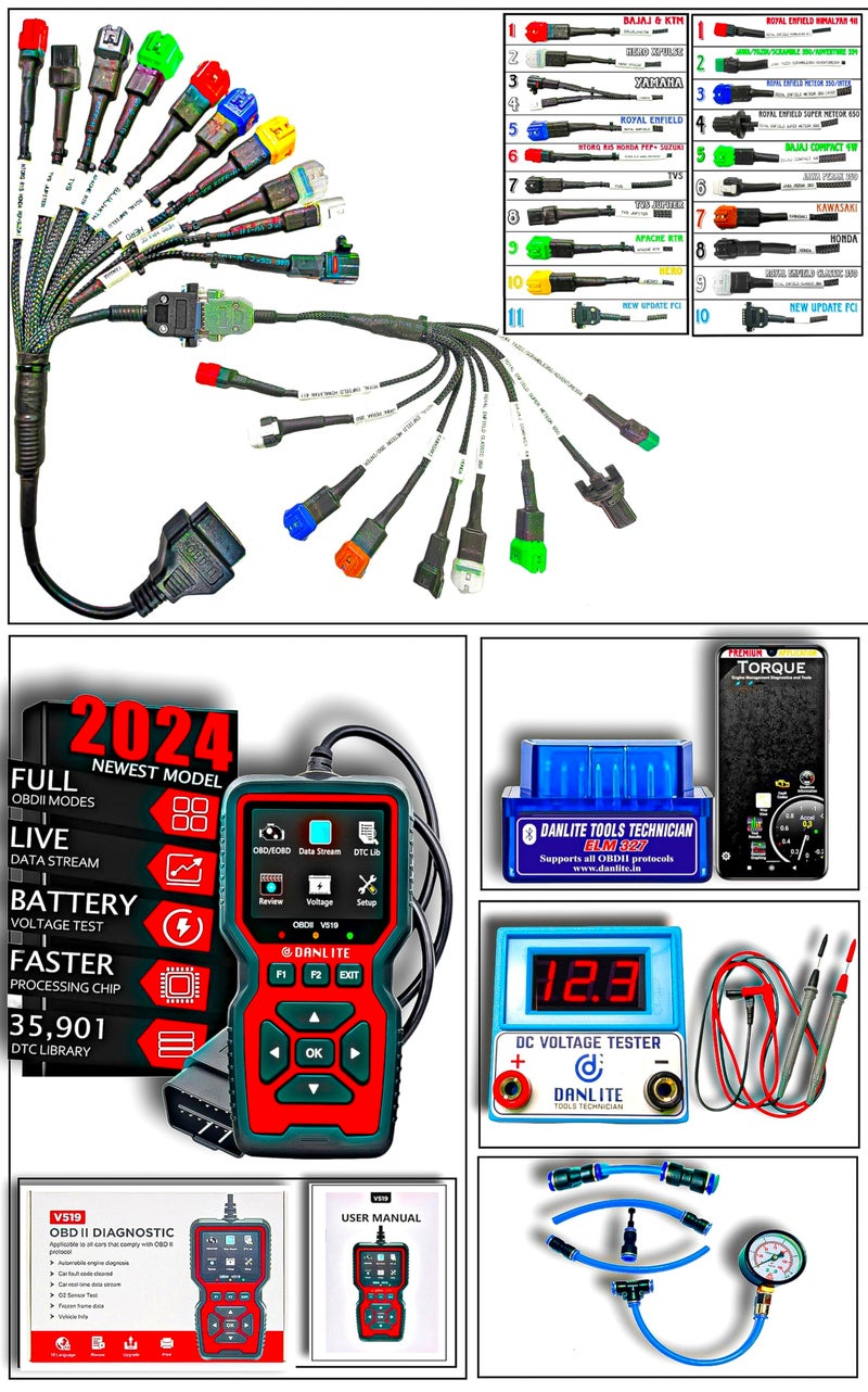 DANLITE TOOLS TECHNICIAN BS6-BS7 Bike Scanning Cable [21 COPLAR] with V519 OBD-II with Fast connectivity DC Voltage Tester Fule Pressure Gage Elm 327 Scanner Full Combo Kit… - Image 1