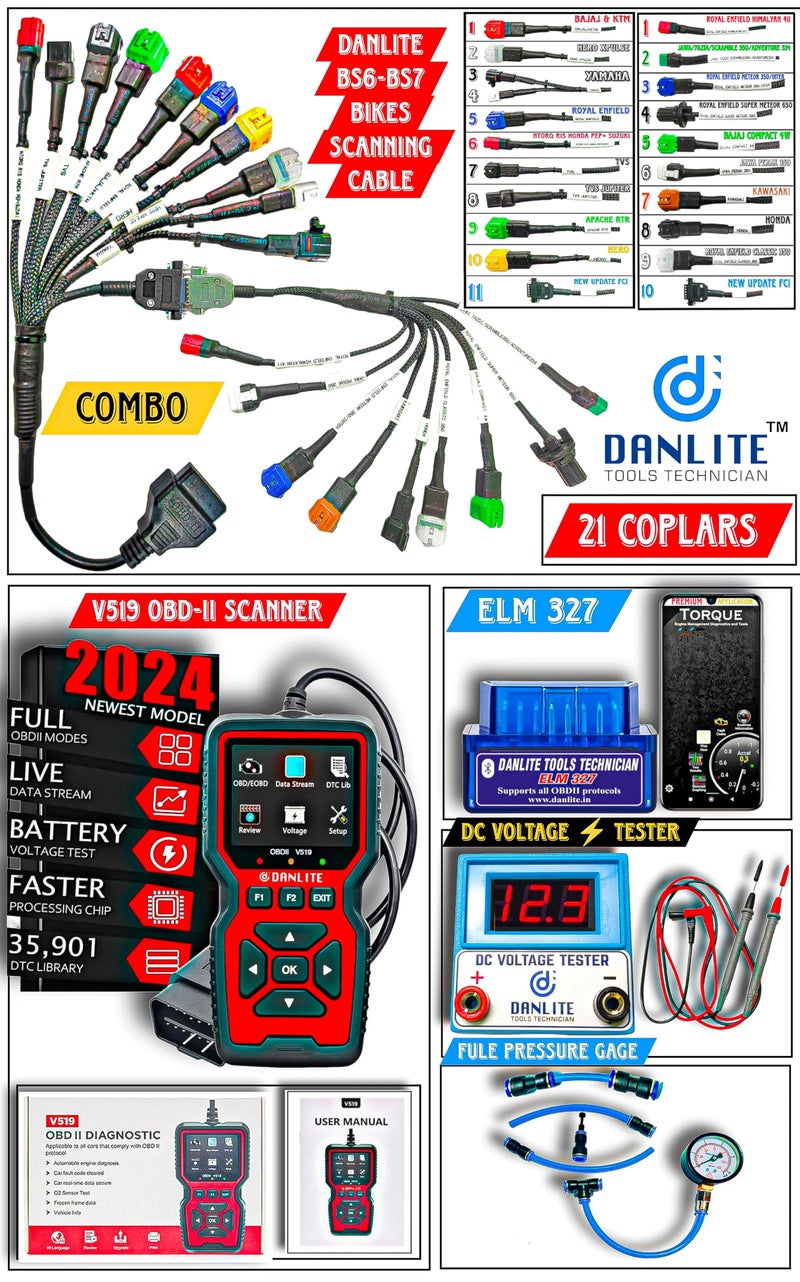 DANLITE TOOLS TECHNICIAN BS6-BS7 Bike Scanning Cable [21 COPLAR] with V519 OBD-II with Fast connectivity DC Voltage Tester Fule Pressure Gage Elm 327 Scanner Full Combo Kit… - Image 2