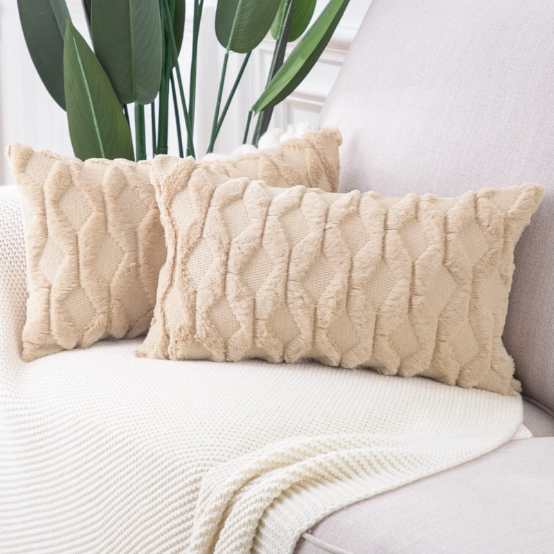 MADIZZ Set of 2 Soft Plush Short Wool Velvet Decorative Throw Pillow Covers 12x20 inch Khaki Rectangular Luxury Style Cushion Cases Pillow Shell for Sofa Bedroom