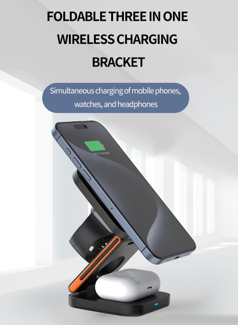 3 In 1 Magnetic Wireless Charger Station, Fast Wireless Charger Stand for Fast Charge, Foldable Suitable For Travel Phone Apple iPhone 15 14 13 12 11 X Pro Max iWatch 8 7 6 5 4 Samsug Galaxy S(Black)