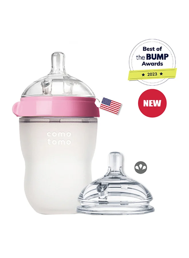 comotomo Natural Feel Baby Bottle 250 Ml With Pack Of 2 Natural Teat Silicone Nipples, 3 Holes With Fast Flow, 6 Months +