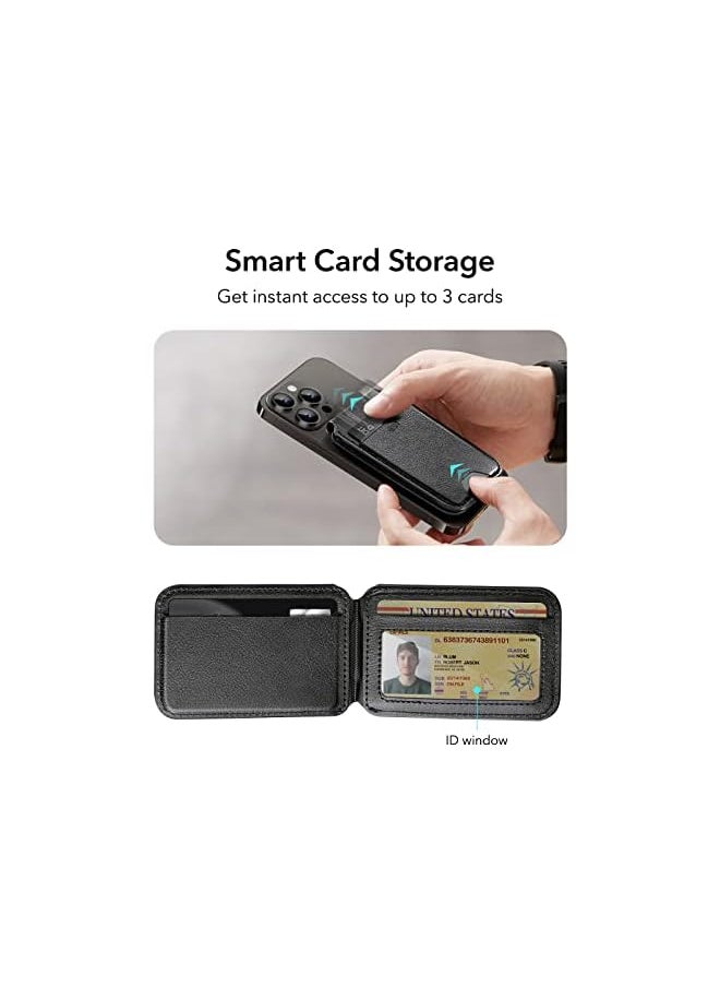 HaloLock Vegan Leather Wallet Stand, MagSafe Wallet and Adjustable Stand, Compatible with iPhone 14/14 Plus/14 Pro/14 Pro Max and 13/12 Series, Not Compatible with 13/12 mini, 3 Card Holder, Black