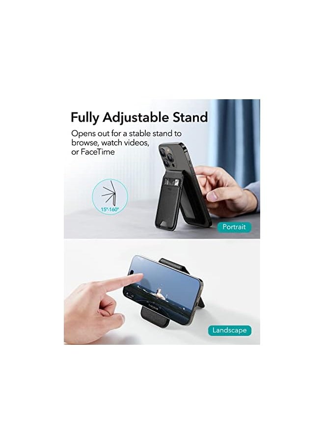 HaloLock Vegan Leather Wallet Stand, MagSafe Wallet and Adjustable Stand, Compatible with iPhone 14/14 Plus/14 Pro/14 Pro Max and 13/12 Series, Not Compatible with 13/12 mini, 3 Card Holder, Black