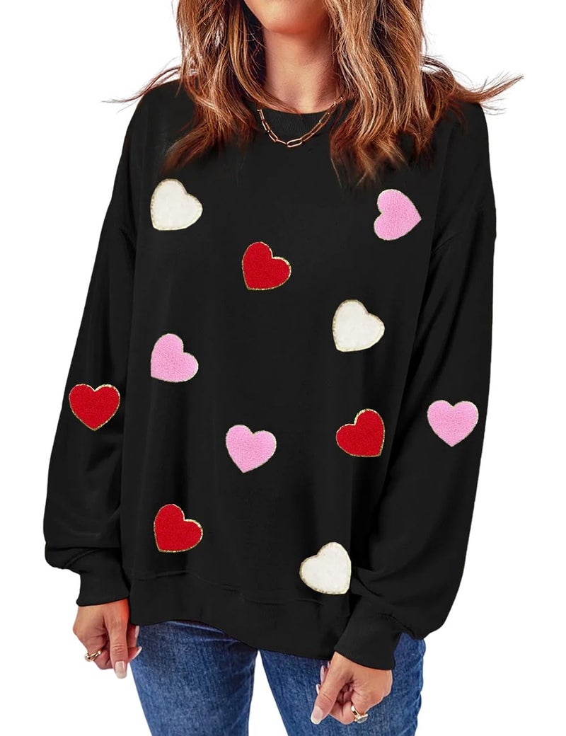 Ecosunny Women's Black Heart Shaped Sweatshirt Round Neck Long Sleeve Casual Print Holiday Tops - Image 1