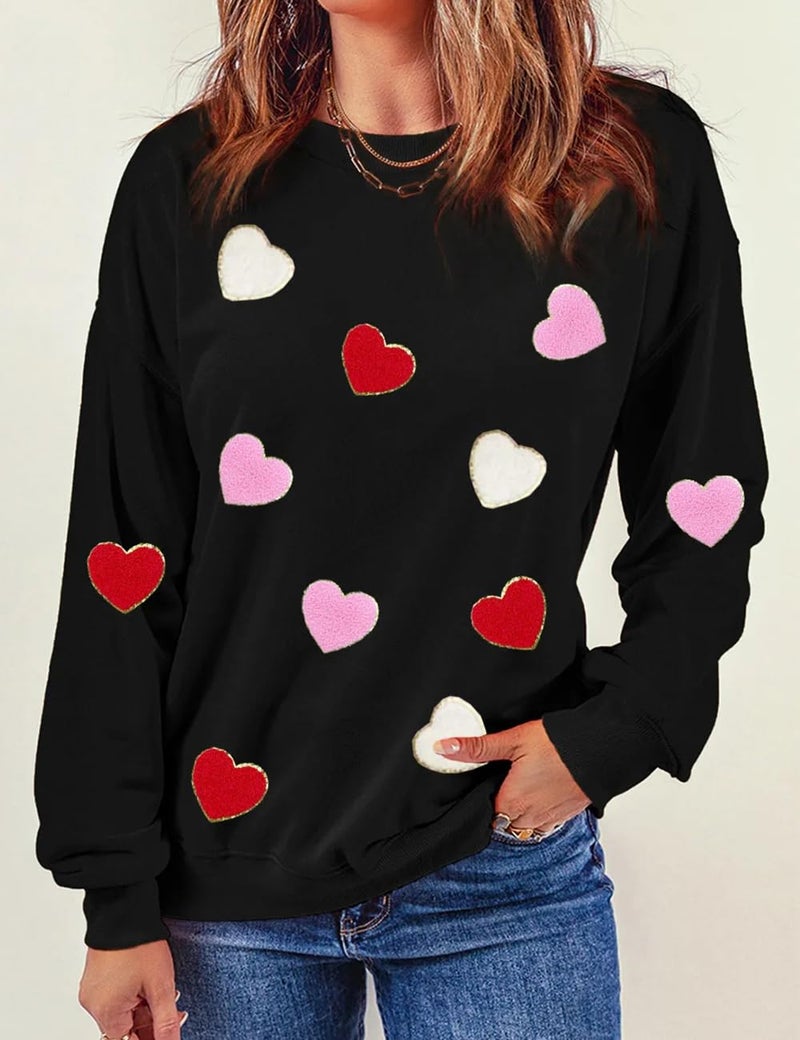 Ecosunny Women's Black Heart Shaped Sweatshirt Round Neck Long Sleeve Casual Print Holiday Tops - Image 4