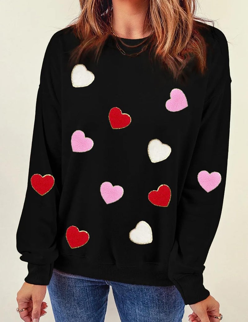 Ecosunny Women's Black Heart Shaped Sweatshirt Round Neck Long Sleeve Casual Print Holiday Tops - Image 2