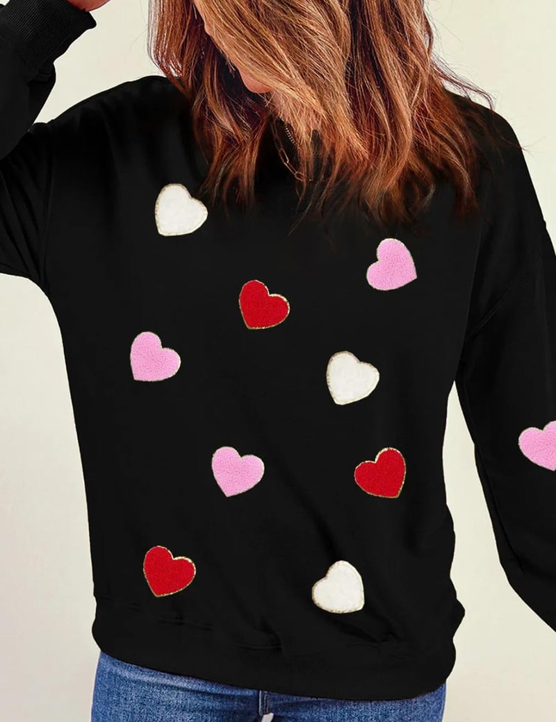 Ecosunny Women's Black Heart Shaped Sweatshirt Round Neck Long Sleeve Casual Print Holiday Tops - Image 3