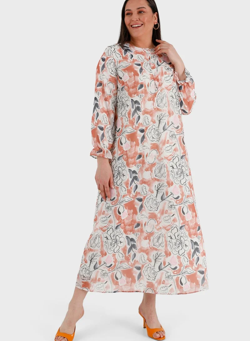 Alia by modanisa Floral Print Button Detail Puff Sleeve Dress