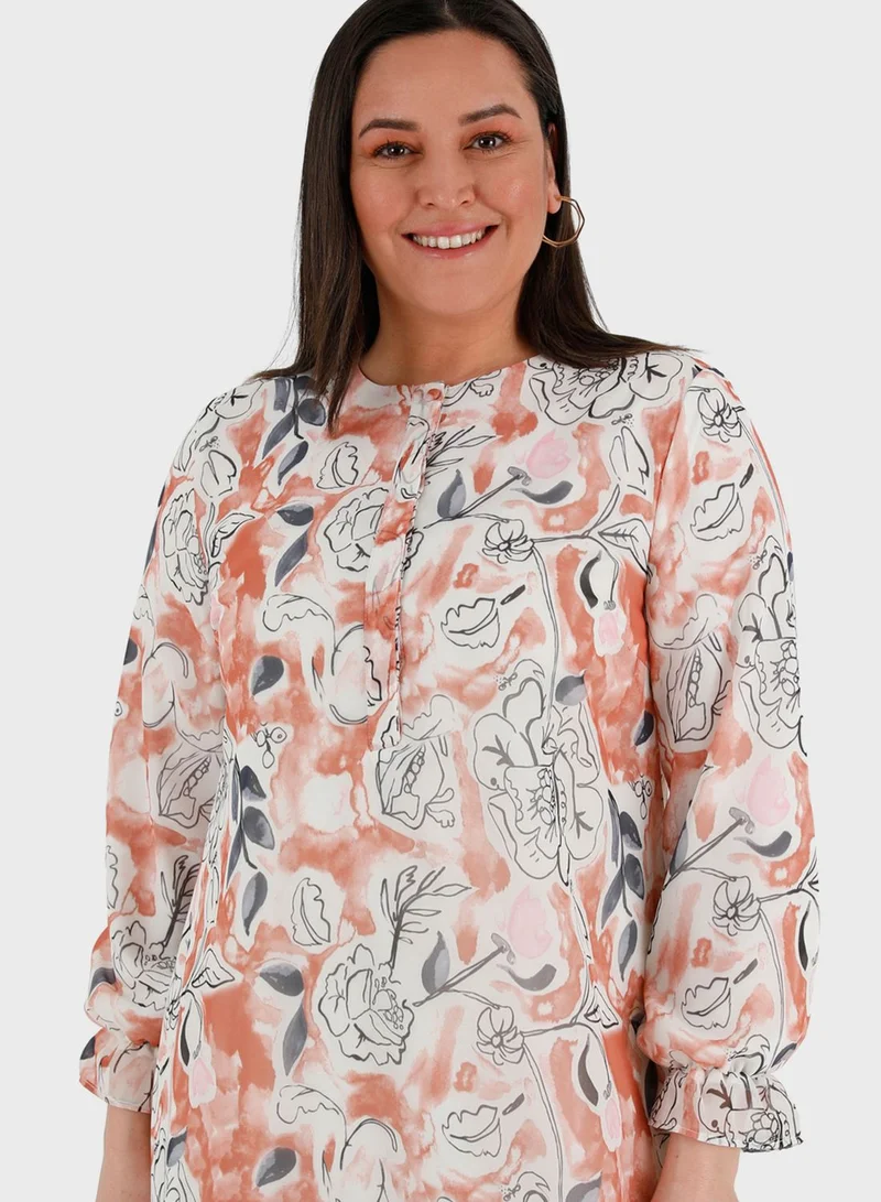 Alia by modanisa Floral Print Button Detail Puff Sleeve Dress