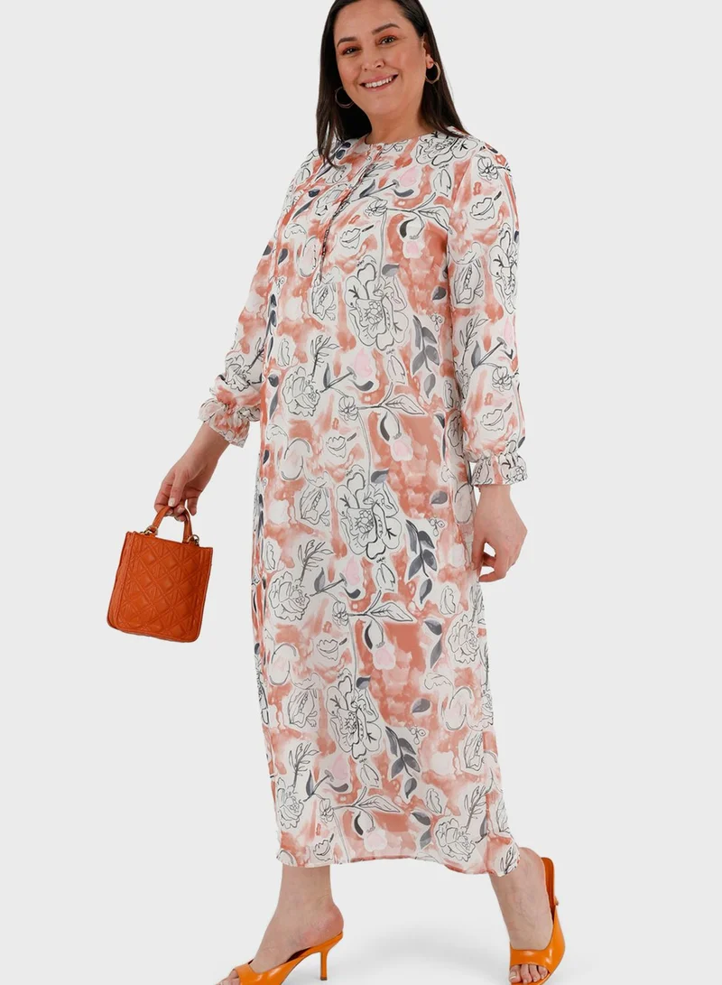 Alia by modanisa Floral Print Button Detail Puff Sleeve Dress