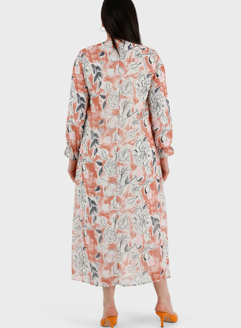 Alia by modanisa Floral Print Button Detail Puff Sleeve Dress
