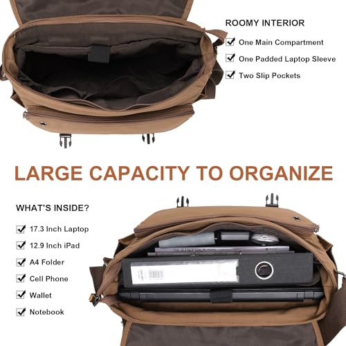 ESTARER Messenger Bag 17-17.3 Inch, Men's Computer Bag Water-resistant Canvas, Laptop Shoulder Bag for Travel Work College, Brown - Image 5