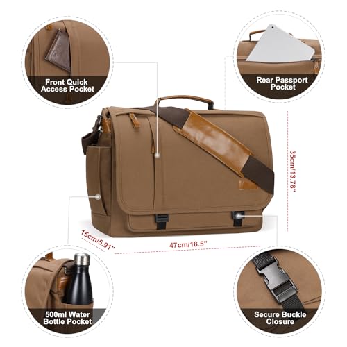 ESTARER Messenger Bag 17-17.3 Inch, Men's Computer Bag Water-resistant Canvas, Laptop Shoulder Bag for Travel Work College, Brown - Image 3