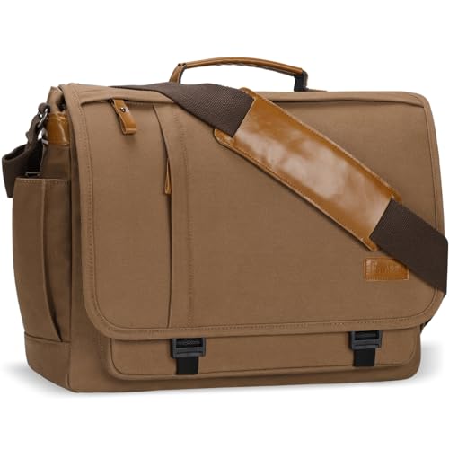 ESTARER Messenger Bag 17-17.3 Inch, Men's Computer Bag Water-resistant Canvas, Laptop Shoulder Bag for Travel Work College, Brown - Image 1