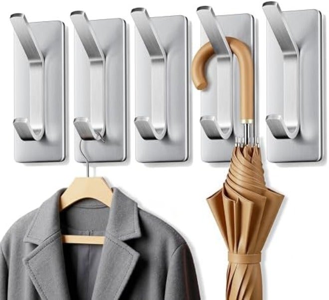 Auxmir Self Adhesive Hooks 15lbs Heavy Duty, 5 Pack Stainless Steel Wall Hooks for Coat Towel Robe, Waterproof Rustproof Oilproof, No Drill Door Hanger for Bathroom Shower Kitchen Office RV, Black - Image 1