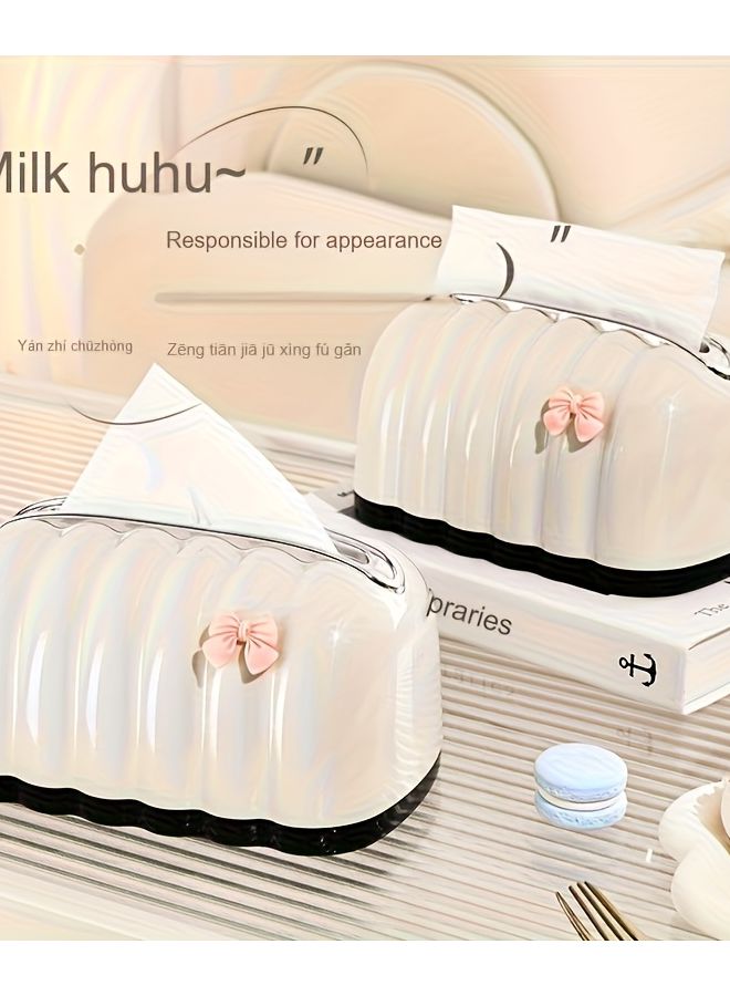 Cream Shell Design Tissue Box With Bow For Living Room And Bedroom - Image 2