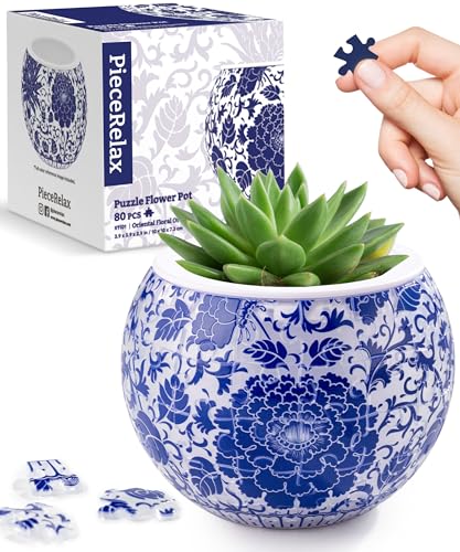 PieceRelax 3D Puzzle Planter - Oriental Floral Ornament - Small Round Plant Pots with Drainage, Home Decor Flower Pots for Indoor Cactus, Succulents Pots [K1101] - Image 1