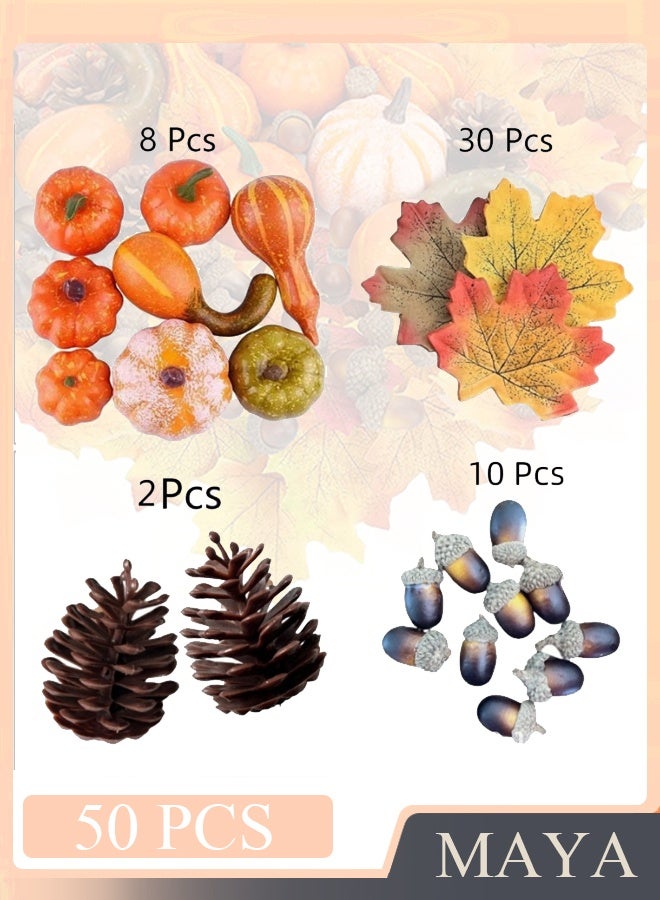 مجموعة ديكور منزلي من القرع الصناعي لعيد الشكر، 50 قطعة، 30 ورقة قيقب مزيفة، 10 حبات بلوط مزيفة، 2 مخروط صنوبر مزيف، 8 قرع مزيف - Image 1
