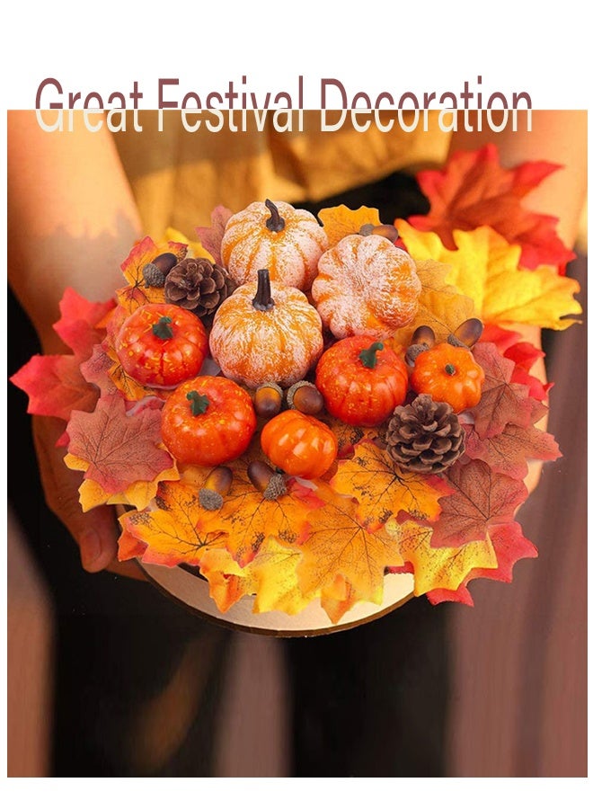مجموعة ديكور منزلي من القرع الصناعي لعيد الشكر، 50 قطعة، 30 ورقة قيقب مزيفة، 10 حبات بلوط مزيفة، 2 مخروط صنوبر مزيف، 8 قرع مزيف - Image 2