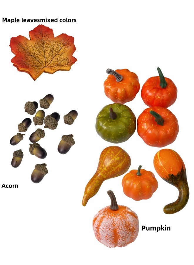 مجموعة ديكور منزلي من القرع الصناعي لعيد الشكر، 50 قطعة، 30 ورقة قيقب مزيفة، 10 حبات بلوط مزيفة، 2 مخروط صنوبر مزيف، 8 قرع مزيف - Image 3