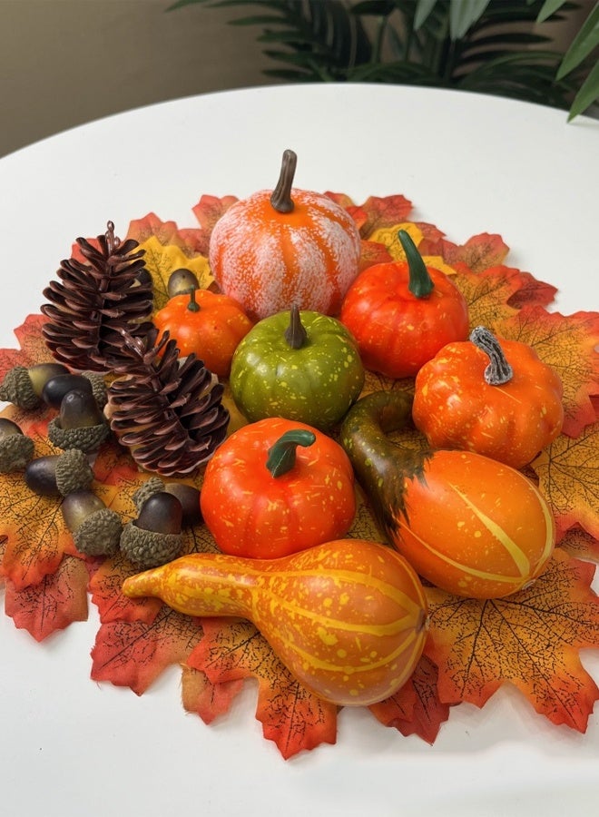 مجموعة ديكور منزلي من القرع الصناعي لعيد الشكر، 50 قطعة، 30 ورقة قيقب مزيفة، 10 حبات بلوط مزيفة، 2 مخروط صنوبر مزيف، 8 قرع مزيف - Image 4