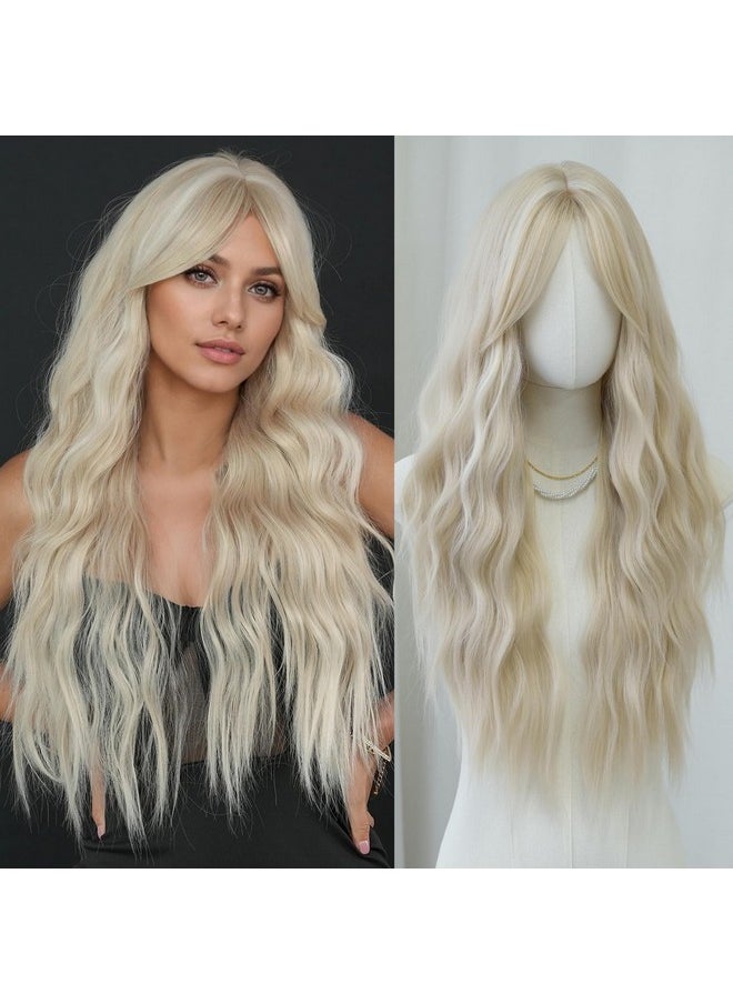 7JHH WIGS - Long Wavy Ash Blonde Wig With Curtain Bangs Heat Resistant Fiber Layered Synthetic Curly Wig For Cosplay Christmas Gifts Party Used - Image 1