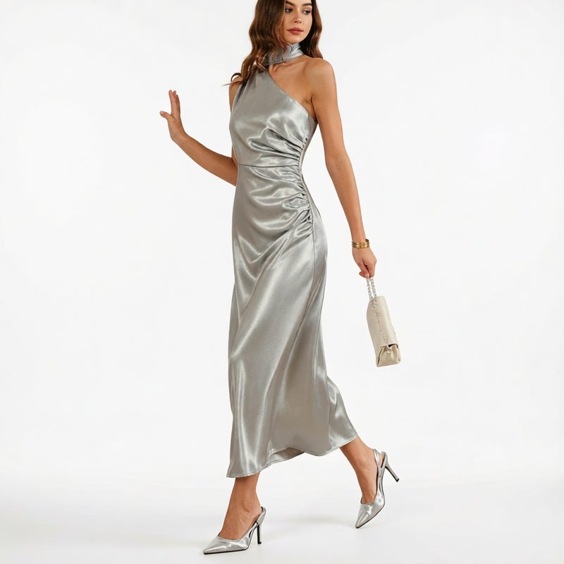 Elegant One-Shoulder Backless Bodycon Midi Dress for Women - Image 4