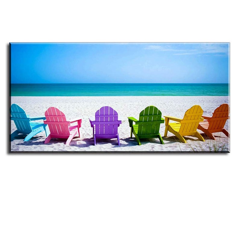 Piy Painting Beach Canvas Wall Art for Living Room PIY Blue Sea with Colorful Chairs Picture Prints Decor Relax Leisure Time Home Decorations 1 Thick Frame Waterproof Bracket Mounted Ready Hanging
