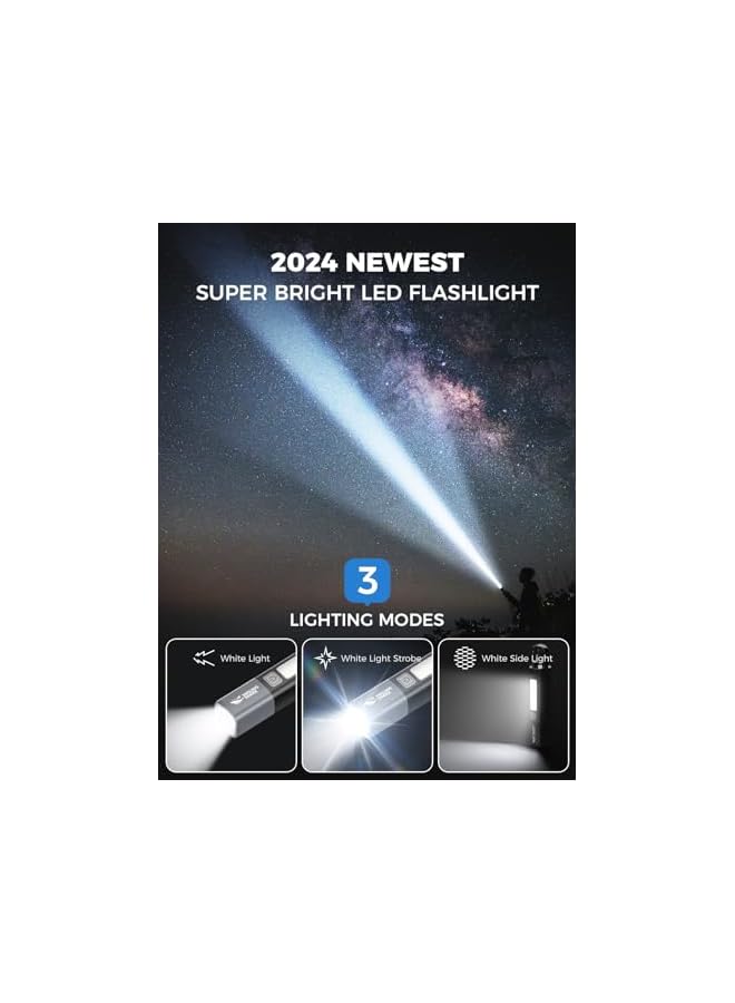القرش المبتسم G1 Flashlight, Small Bright LED Rechargeable Flashlights High Lumens with Side Light & Hook & Zoomable Brightest Handheld Waterproof Flash Light for Emergencies/Camping/Home, Black - Image 2