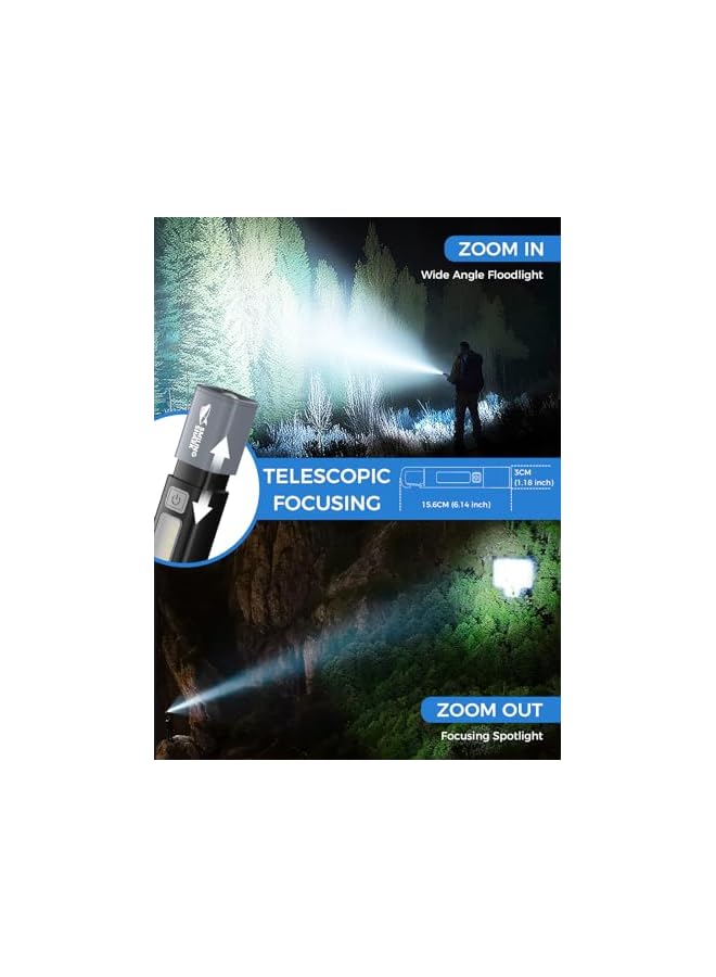 القرش المبتسم G1 Flashlight, Small Bright LED Rechargeable Flashlights High Lumens with Side Light & Hook & Zoomable Brightest Handheld Waterproof Flash Light for Emergencies/Camping/Home, Black - Image 3