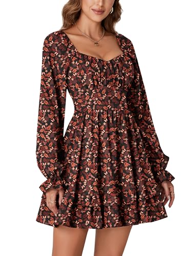 KIFOVEN Women's Print Lantern Long Sleeve Smocked Wrap Tiered Ruffle Flowy A Line Short Mini Dress Caramel Flower Small - Image 4