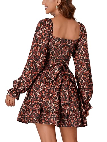 KIFOVEN Women's Print Lantern Long Sleeve Smocked Wrap Tiered Ruffle Flowy A Line Short Mini Dress Caramel Flower Small - Image 5