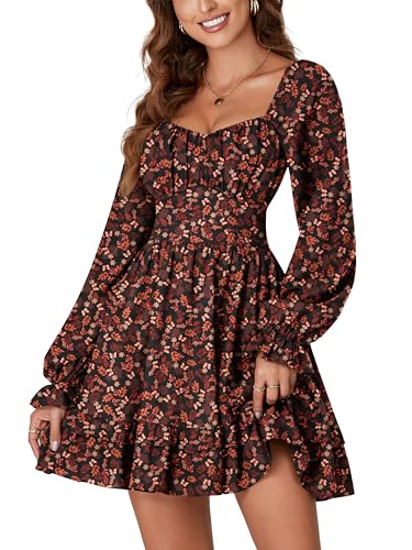 KIFOVEN Women's Print Lantern Long Sleeve Smocked Wrap Tiered Ruffle Flowy A Line Short Mini Dress Caramel Flower Small - Image 3