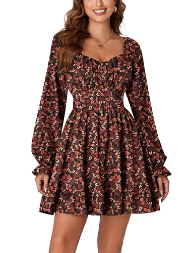 KIFOVEN Women's Print Lantern Long Sleeve Smocked Wrap Tiered Ruffle Flowy A Line Short Mini Dress Caramel Flower Small - Image 2
