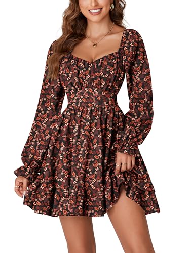 KIFOVEN Women's Print Lantern Long Sleeve Smocked Wrap Tiered Ruffle Flowy A Line Short Mini Dress Caramel Flower Small - Image 1