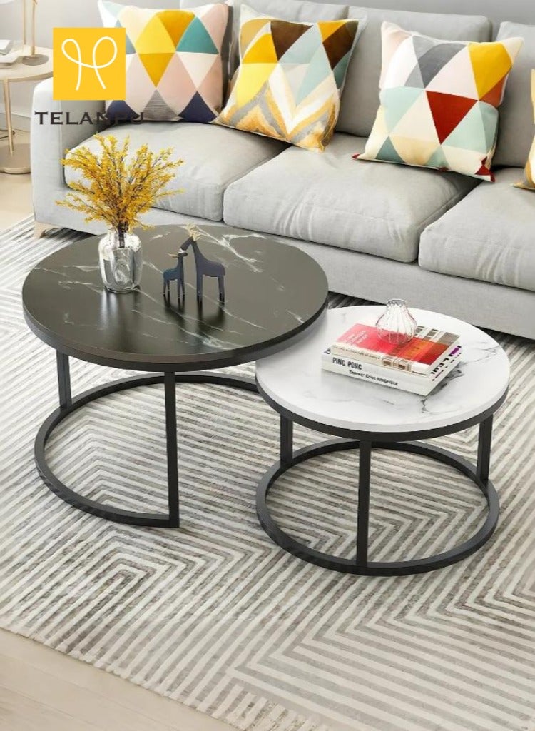 TELANPU Nesting Coffee Tables, Set of 2 Modern Round Stacking End Tables with Metal Frame & Faux Marble Top, Space-Saving Side Tables for Living Room, Bedroom, Black and White - Image 1