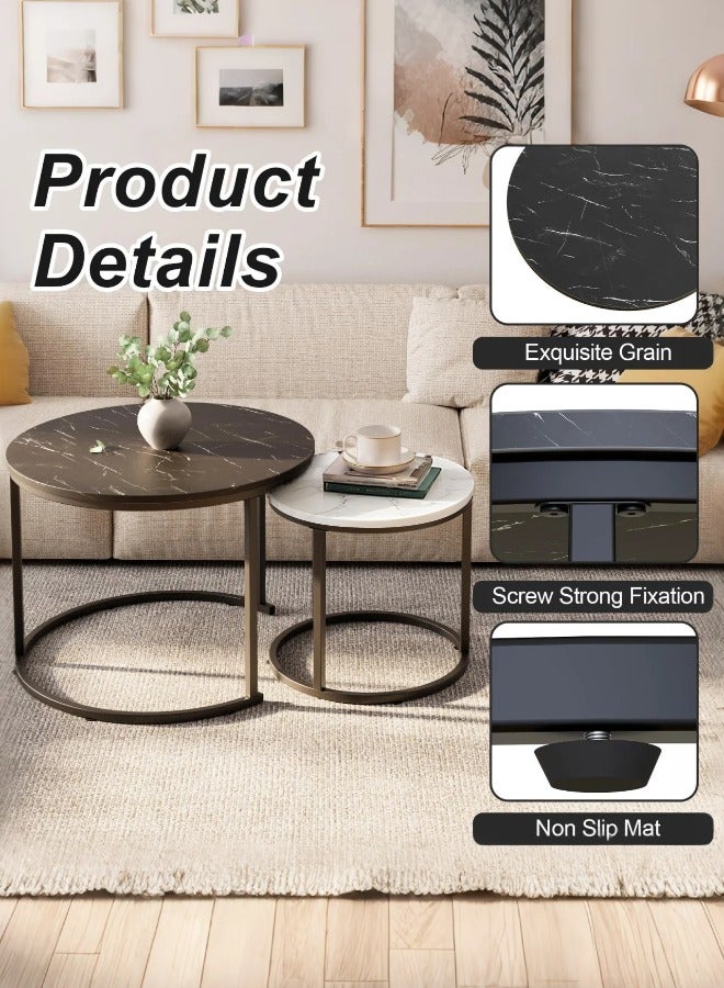 TELANPU Nesting Coffee Tables, Set of 2 Modern Round Stacking End Tables with Metal Frame & Faux Marble Top, Space-Saving Side Tables for Living Room, Bedroom, Black and White - Image 2